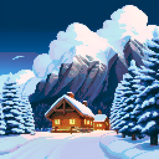 generate a large winter environment with snowcapped trees and mountains. there is a path leading to a small village with dim lights and smoke coming from the chimneys.