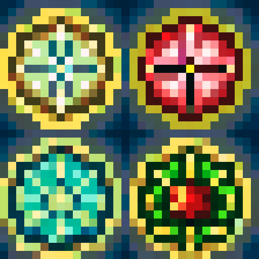 Create four separate 32x32 pixel art images in an 8-bit retro style, designed for use in games. Each image should feature the following elements inspired by the provided designs:

A white snowflake on a golden circular background with icy blue highlights, surrounded by a gold trim. The snowflake should appear detailed but stylized for an 8-bit format.

A red and white candy cane on a red circular background with subtle festive sparkles, surrounded by a gold trim. The candy cane should have a cle