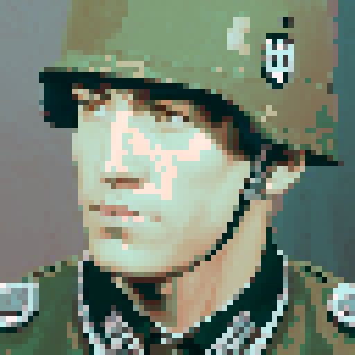 Soldier, army, human, pixelated, vibrant colors, intense gaze, strong jawline, military uniform, stoic expression, detailed facial features, sRGB