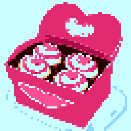 Box of Valentine's Day chocolates, specifically shaped like cupcakes with intricate details such as pink frosting and decorative toppings. Charming and romantic theme. The cupcakes within the box should exhibit a variety of delightful designs, no background, pixel art.