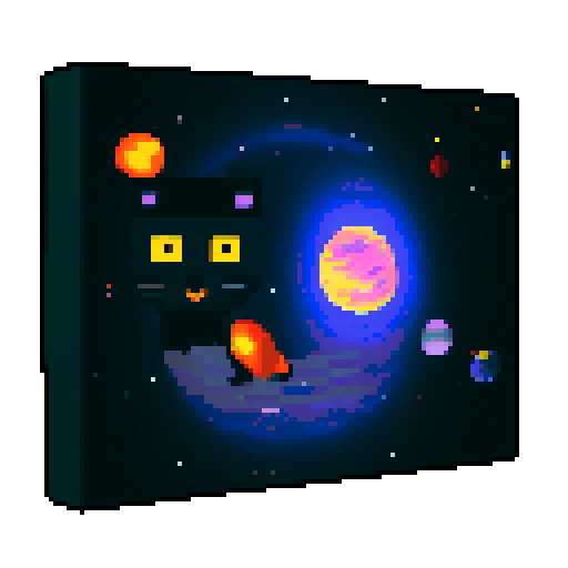 black cat with orange eyes, wandering through galaxies and space, surrounded by planets and comets