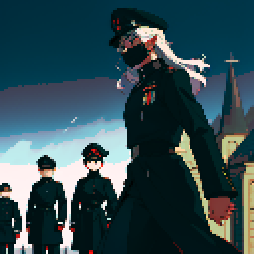 soldiers lined up, black uniforms, black hats, skull masks, lined up, facing camera, full-body image, black fortress, military base, black military building backdrop