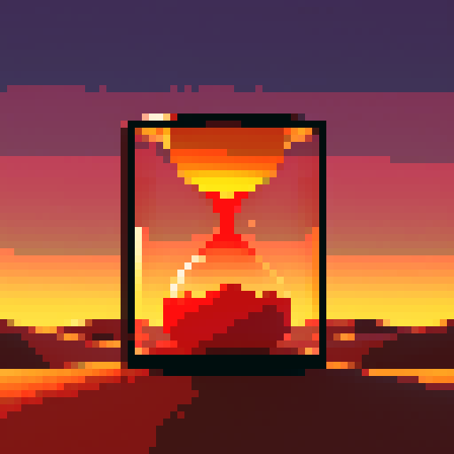 Sand dunes in an hourglass in red sunset light, glass, transparent, time