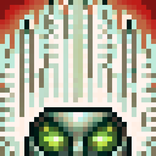cyborg head, armored faceplate, glowing red eyes, metallic textures, intricate wiring, mechanical jaw, sleek design, futuristic details, game icon, 32x32 pixel art, sRGB, skill art, close up, portrait