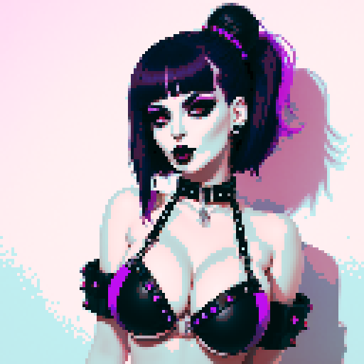 busty goth girl, with purple hair, black eyeshadow and red lipstick. wearing bikini and studded collar, seductive photo, vibrant srgb colors, edgy aesthetic