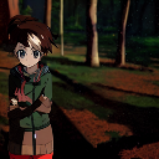 "Melancholic anime girl, clutching a rifle, stands poised in front of sparse cover amidst a cluster of leafless trees, with snowflakes falling gently around her."