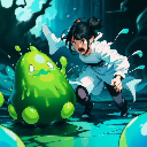 slime surging up around someone, slime engulfing a hero, slime consuming a hero, hero getting engulfed by slime, slime attack, dynamic, slime slamming into someone, impact, splashing slime, full-body image, full-body art, black hair, white outfit