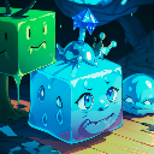 Blue Slime cube, Gelatinous cube, wearing crown, giant Slime, boss fight