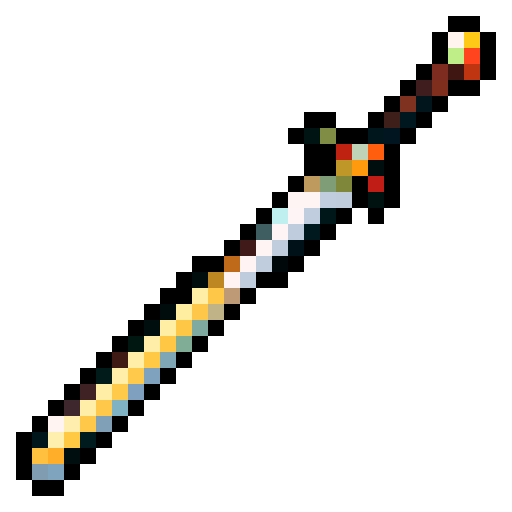 a sword with a wooden hilt, silver blade, and golden edge