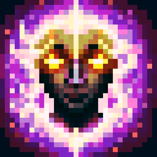 Warlock casting a fiery spell with glowing eyes and intricate runes, depicted in a pixel art close-up portrait with a dark, ominous background for a game icon.
