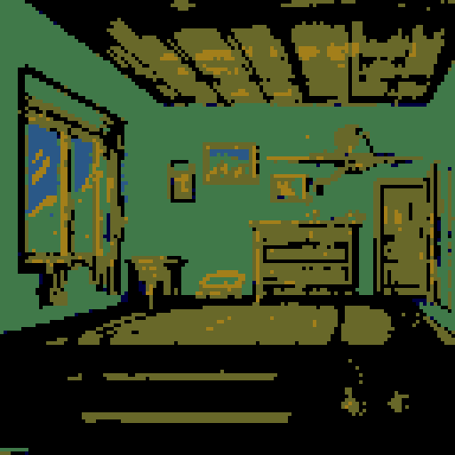 The bedroom of an American house by night. No characters. The room belongs to an adult couple. In the middle of the room is a double bed. On the left is the entrance door. On the right is the window. Next to the bed are bedside tables, both on the right and left. There is a floor plan in the room and pictures on the wall.