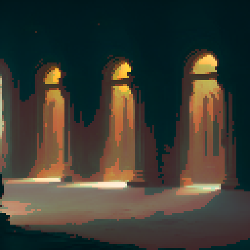 row of ornate, wooden doors with intricate carvings and glowing runes, each leading to a different realm; flickering torches lining the stone walls; a dusty, ancient tome lying open on a pedestal; an ethereal mist swirling around the room