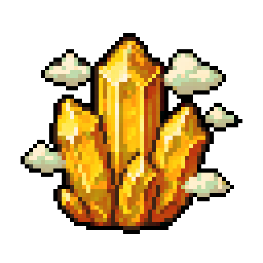 Yellow Topaz crystals with small clouds floating around it, orthorhombic crystal pattern, solid-color background