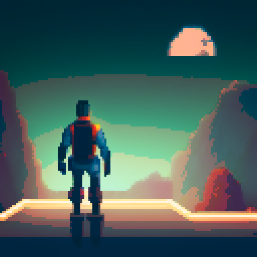 Futuristic hero, armored and stoic, stands atop a lunar rover overlooking a vast, verdant valley beneath a neon-lit night sky in pixel art style
