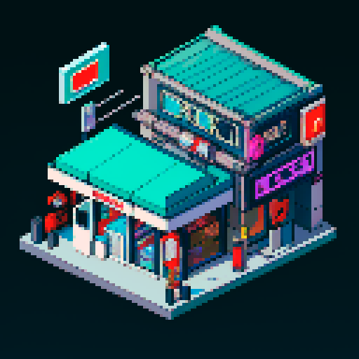 isometric view of a cyberpunk-styled store. Set at night time.