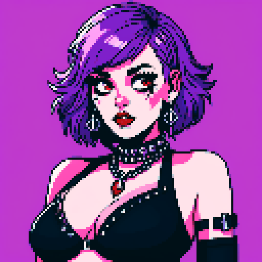 busty goth girl, with purple hair, black eyeshadow and red lipstick. wearing bikini and studded collar, seductive photo, vibrant srgb colors, edgy aesthetic