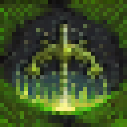 Abandoned, rusted, and overgrown with vines, the dilapidated space station stands alone against the starry, black void of space in a 32x32 pixel art style.