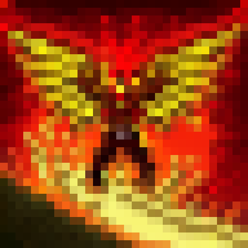 Demon Hunter with fiery wings, wielding a crossbow and a sword, standing atop a crumbling stone tower against a blood-red sky, all in a pixelated 32x32 skill art style.
