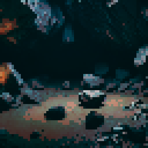 Create a realistic cave interior with jagged walls and a dusty floor covered in scattered rocks of various sizes. Include a warm light source on the left, softly illuminating part of the cave while casting shadows that contrast with the darker, mysterious areas. The atmosphere should feel secluded and slightly eerie, with earthy tones and detailed textures on the rocks and walls to enhance the natural, rugged appearance.