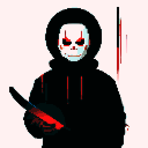 Michael Myers, dark silhouette, looming presence, blood-red eyes, pixelated horror, sRGB color palette, chilling atmosphere, knife-wielding figure