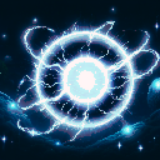 white, glowing, magical, electric orb, floating in space, wide image, sRGB, pixel art, background, landscape
