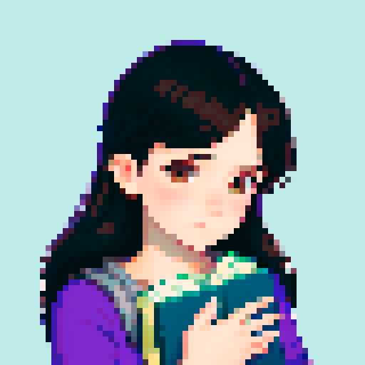 portrait, sprite art, young woman, dark eyes, dark hair, shy girl, awkward, cute, soft eyes, autistic, cozy, shy, bookworm, timid, stardew valley