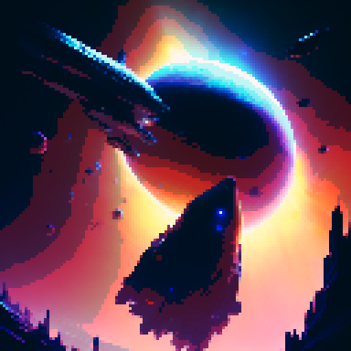 spaceship, sideview, vibrant galaxy, swirling nebulas, twinkling stars, pixel art, srgb