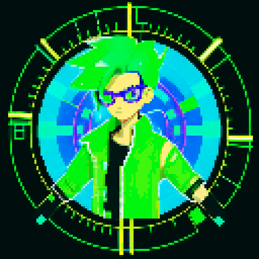 cyberpunk hacker with neon green hair and augmented reality glasses, floating above a glowing gene bottle filled with swirling strands of DNA, surrounded by a digital landscape of glitchy code rendered in pixel art with vibrant sRGB colors