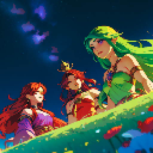 Four goddesses creating the world. One goddess is a deity of fire with red hair. One goddess is a deity of water with blue hair. One goddess is a deity of nature with green hair. One goddess is a deity of stars and night with purple hair.