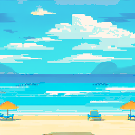 overhead view, vibrant beach, waves washing, sRGB, pixel art, background, landscape