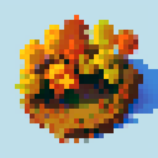 top-down perspective, aspen tree, vibrant autumn colors, pixel art, detailed leaves, towering trunk, sunlight filtering through branches, pixelated bark texture, crisp blue sky, tiny birds perched on branches