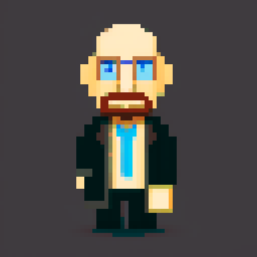 A pixelated, bald doctor with broad shoulders, a short black beard, a lab coat, and a stethoscope.
