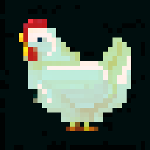 CUTE CHICKEN, game icon, 32x32 pixel art, sRGB, skill art, close up, portrait, fluffy feathers, bright orange beak, expressive eyes, vibrant colors, adorable pose, intricate details, whimsical background