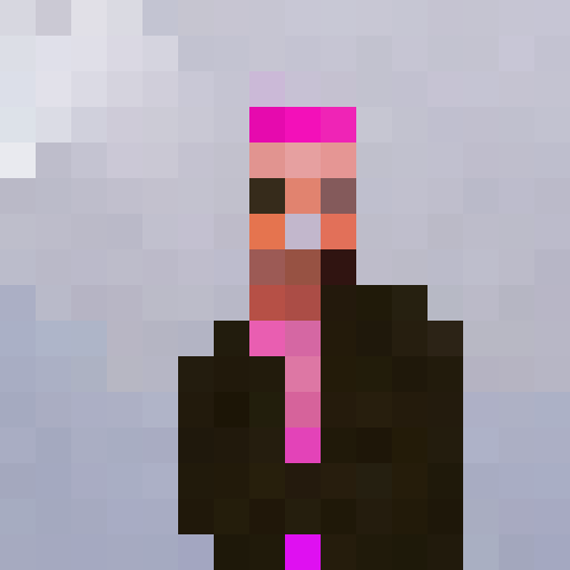 Rick Astley's beaming smile and tousled hair framed by vibrant, neon pink and blue pixels, resembling a 16x16 game icon in a retro pixel art style