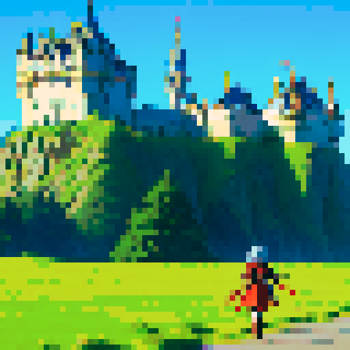 Anime warrior on an adventure with a castle in the backgroun. 