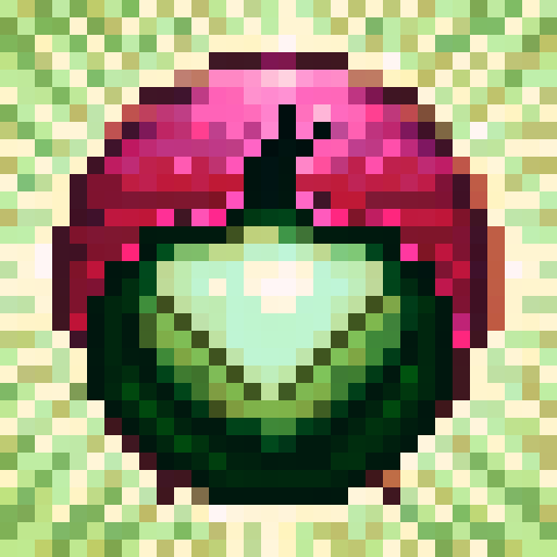 pomegranate with a crown and leaf, 4 corners picture, perfect company logo, fixed shading, natural color variations, 12 pixel arts, game icon, 32x32 pixel art, sRGB, skill art, close up, portrait