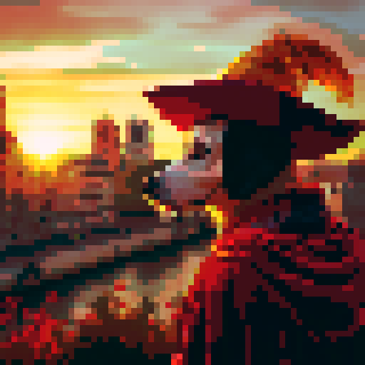 A dog as a musqueeter looking at a sunset in medieval Paris