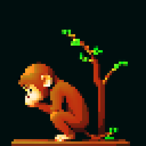 little monkey holding branch, wooden organ monkey squatting, staring at people, pixel art, sRGB