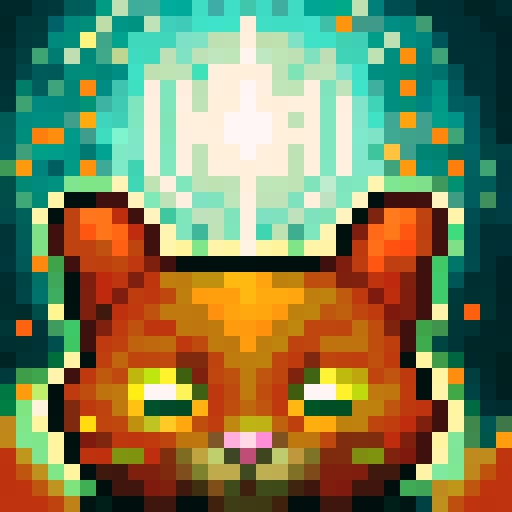 Close-up of a mischievous, orange tabby cat with lighter orange stripes, rendered in skillful pixel art with a game icon style