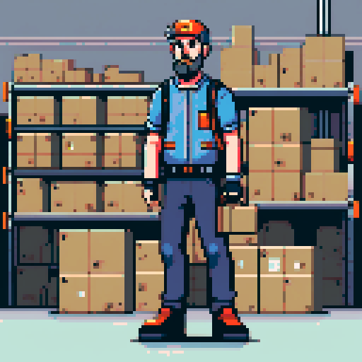 young, bearded, male warehouse worker, Amazon Germany, pixel art