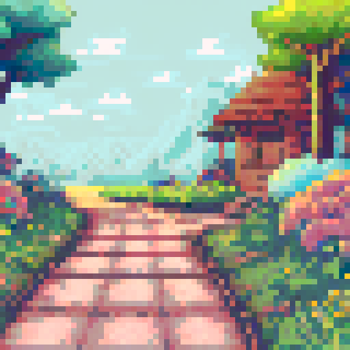 cottage with winding flagstone path, overgrown garden of wildflowers, muted pastel colors, kawaii cute cottagecore, sRGB, pixel art, background, landscape