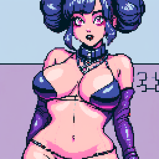 curvy, seductive busty goth babe with studded collar, hair in buns, aroused nude big titty goth in a close-up nude glamour shot, wearing halter top, against a modern tile backsplash, pixel art, sRGB