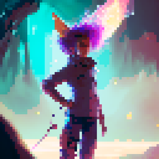 Young Pokemon trainer with vibrant colored hair, wielding a magical staff, standing on a moss-covered bridge in a mystical forest, surrounded by whimsical creatures and glowing orbs, in blue and red neon lights.