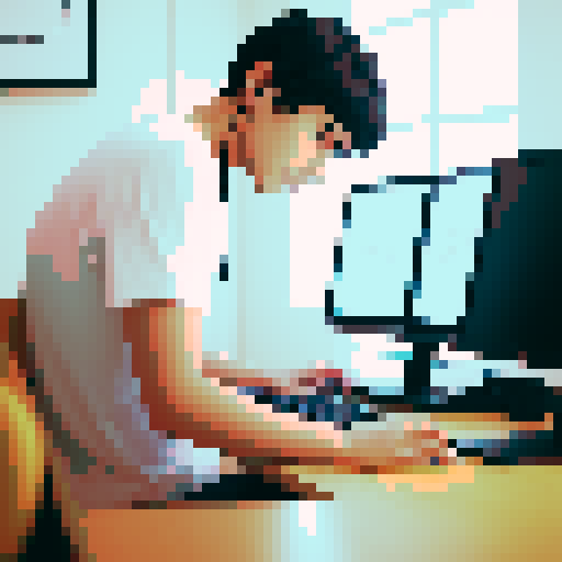 A young man with brown eyes and black hair is playing a game on a computer. He wears a white short-sleeved t-shirt and has Bluetooth headphones in. There's a steaming cup of tea beside him. His keyboard , mouse and the computer is relatively new. He has only one monitor, keyboard, and mouse. His face is focused on the screen.