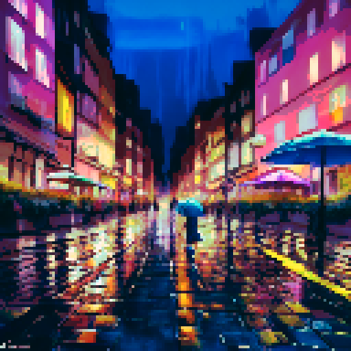 colorful umbrellas, wet cobblestone streets, towering skyscrapers, shimmering reflections in puddles, misty neon lights, people huddled under awnings, rain-soaked flowers, silhouettes of city dwellers with umbrellas, cascading water droplets on windows, a foggy skyline