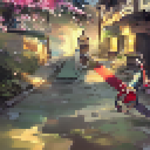 Pixel art portrait of a fierce samurai warrior, his red cape flowing as he wields a gleaming katana sword, surrounded by vibrant cherry blossom trees in an anime-style close-up, all in the landscape portrait style.