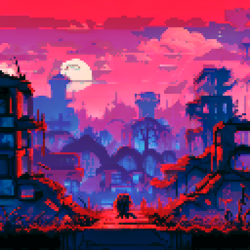Topdown pixel apocalypse, apocalyptic ruins, desolate wasteland, crumbling buildings, overgrown vegetation, decaying vehicles, broken windows, graffiti-covered walls, eerie atmosphere, abandoned streets, post-apocalyptic landscape