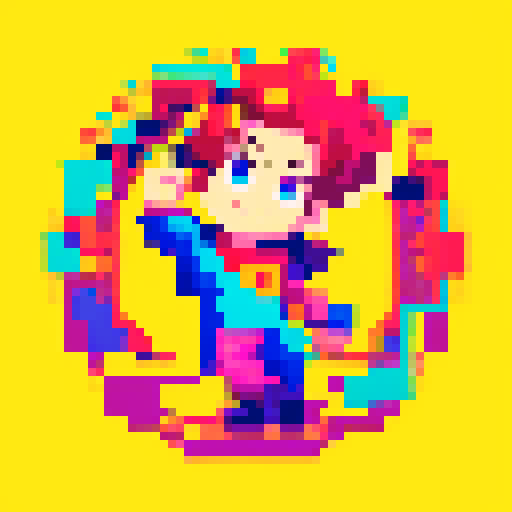 cool, vibrant, pixelated character, dynamic pose, bold colors, retro vibes, sRGB color profile, detailed shading, intricate patterns, eye-catching composition