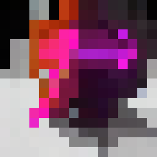 Rainbow-hued hair cascading down a pixelated face with neon eyes and a bright smile, set against a black background in a 16x16 pixel portrait.