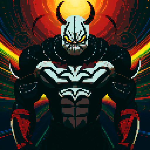 African American Dragon Ball Z Marvel Venom character, obsidian skin, muscular agility, urban cosmic fashion, glowing determined eyes, venom-like patterns, red and black veins, futuristic armor, energy gloves, fierce protector, noble anti-hero, symbiotic cosmic journey, interstellar guardian, pixel art, sRGB